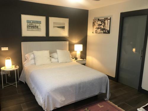 Habitación principal moderna pintada a dos colores con acceso a vestidor y baño.