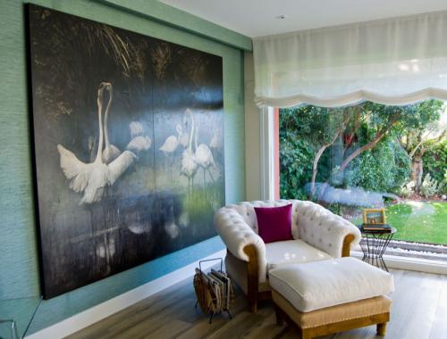 Ventanal fijo de PVC con vistas al jardín.