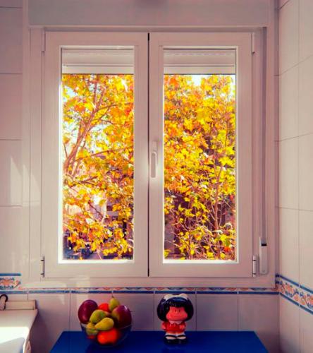 Ventana oscilobatiente de aluminio con ruptura de puente térmico en cocina.